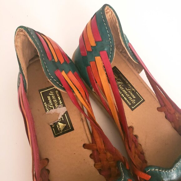 Linea Diamante Huaraches Green Colorful Leather Unisex Sandals Made in Mexico - Picture 3 of 13